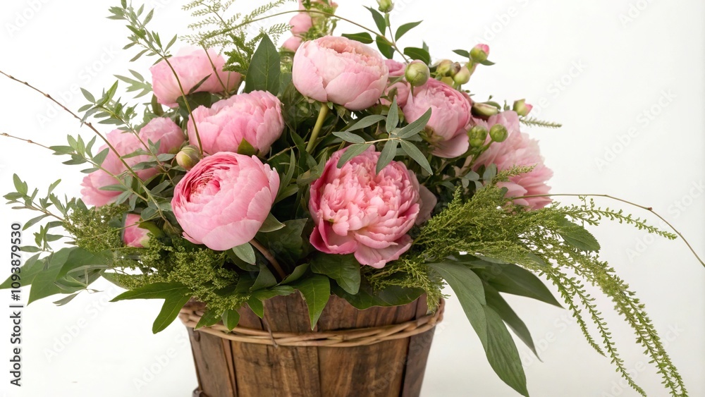Obraz premium Fresh cut bunch of fresh pink peonies with lush green foliage and delicate rose stems arranged in a wooden vase or basket, vintage style, flower bouquet, pink peonies, fresh cut flowers