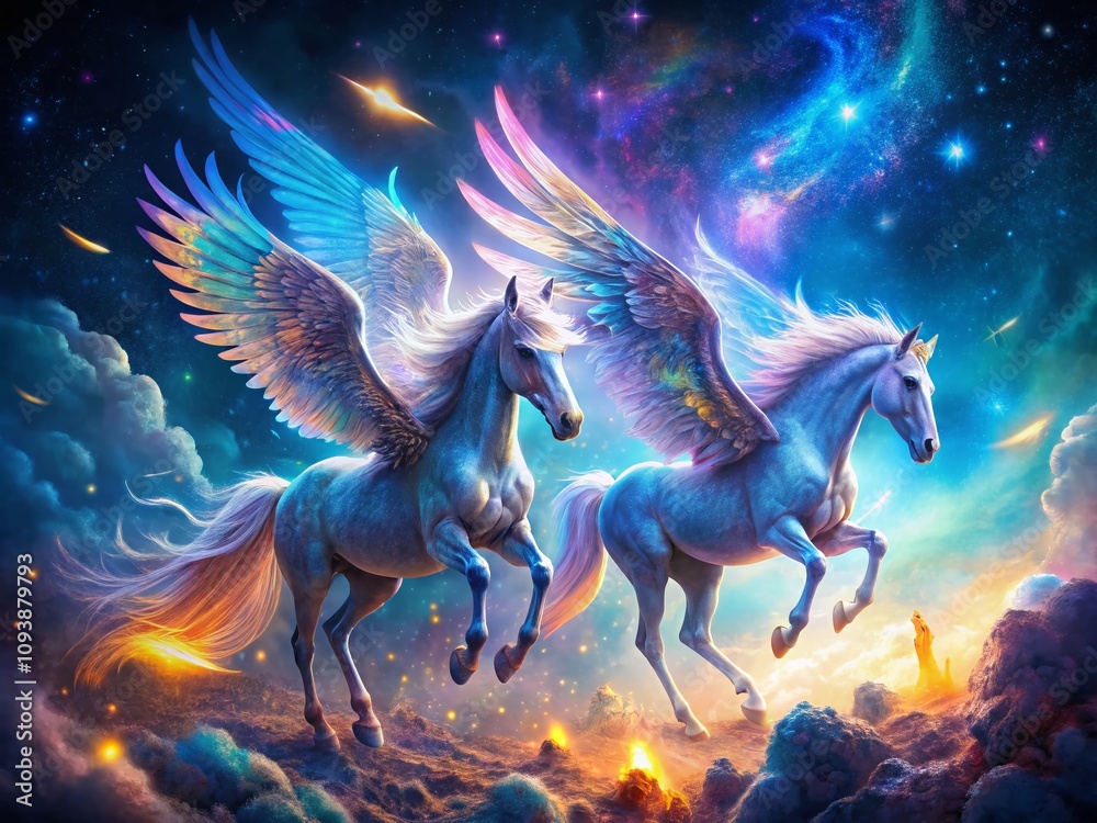 Obraz premium Enchanting Double Exposure of a Particle Pegasus in a Divergent Composition Merging Ethereal Elements and Cosmic Particles for a Dreamlike Effect