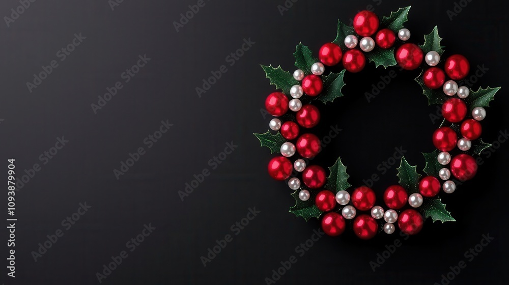 A Christmas wreath with ruby and emerald gemstone berries and pearl strands A Christmas wreath with ruby and emerald gemstone berries and pearl strands