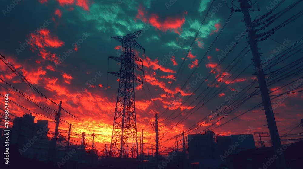 Naklejka premium Vibrant sunset sky over an industrial cityscape with power lines and buildings silhouetted against the fiery clouds.