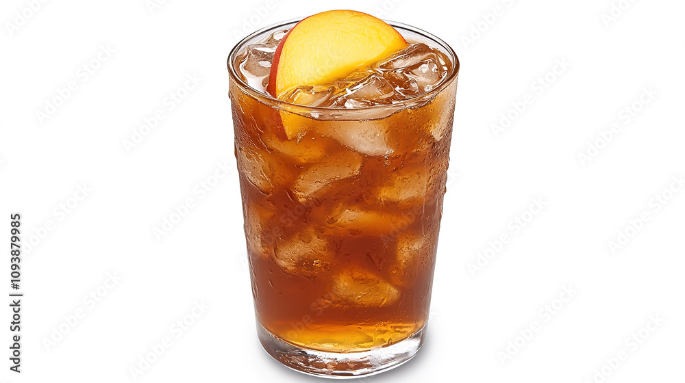Refreshing Glass of Peach Iced Tea with Ice Cubes and Fresh Peach Slices Refreshing Glass of Peach Iced Tea with Ice Cubes and Fresh Peach Slices