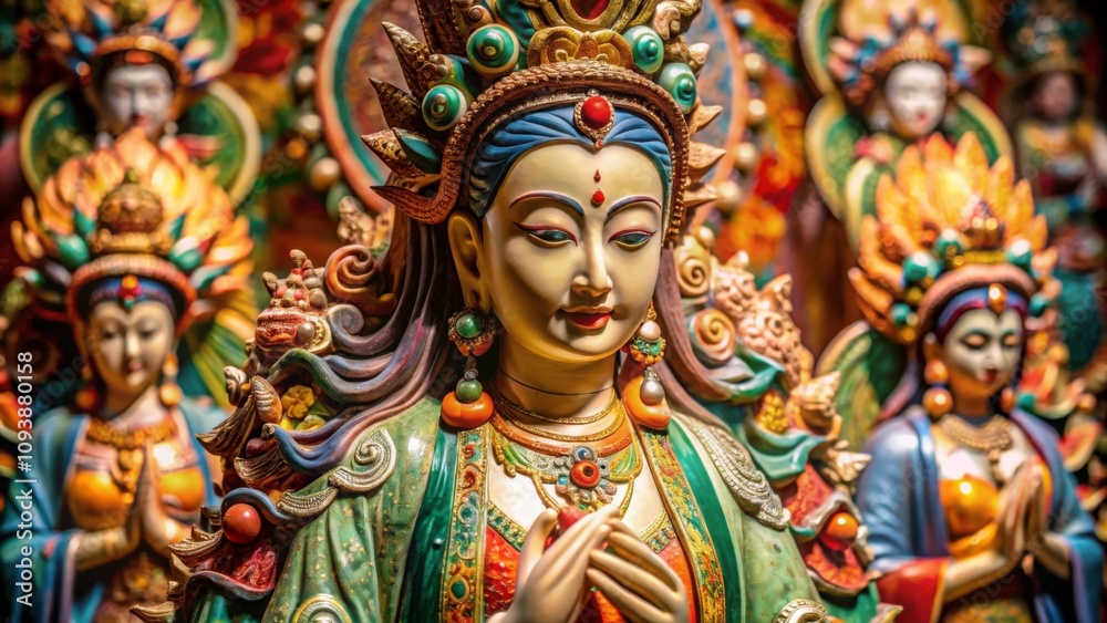 Exquisite clay sculptures of Guanyin in elaborate details and vibrant colors, Guanyin Hall, clay sculptures, intricate Exquisite clay sculptures of Guanyin in elaborate details and vibrant colors, Guanyin Hall, clay sculptures, intricate