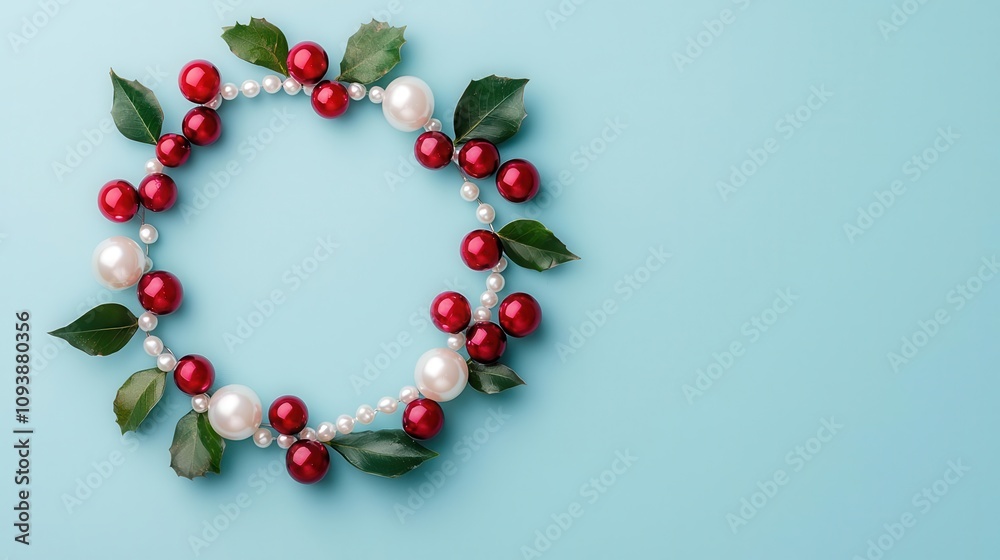 A Christmas wreath with ruby and emerald gemstone berries and pearl strands A Christmas wreath with ruby and emerald gemstone berries and pearl strands
