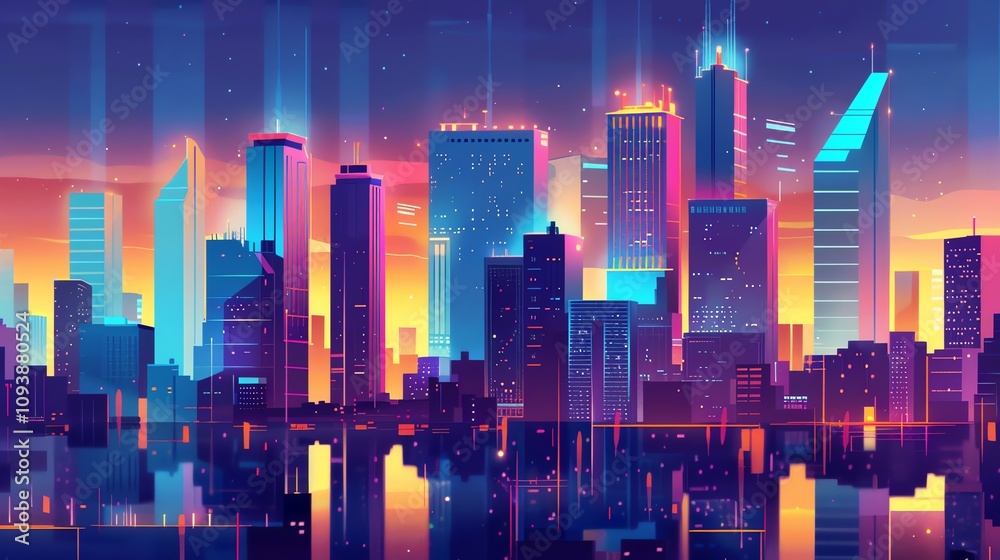 A stylized cityscape with neon lights and a mirrored reflection in the water. A stylized cityscape with neon lights and a mirrored reflection in the water.