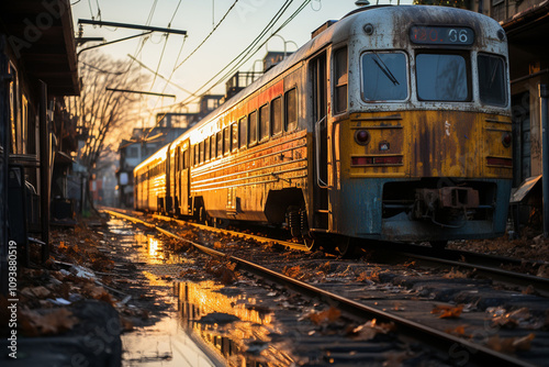 the yellow train is on the rails,. 