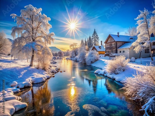 Wallpaper Mural Enchanting Frozen River in Winter Surrounded by Snow-Covered Trees and Buildings, Bathed in Beautiful Blue Morning Light Torontodigital.ca