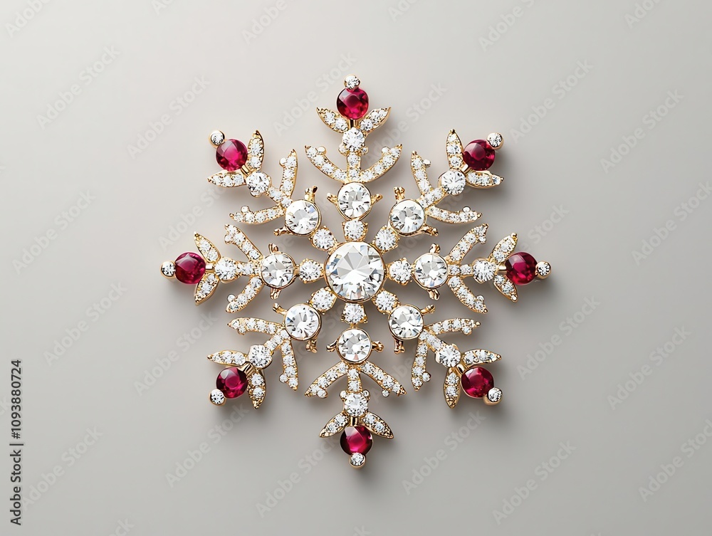 A snowflake ornament encrusted with diamonds, rubies, and delicate gold details A snowflake ornament encrusted with diamonds, rubies, and delicate gold details