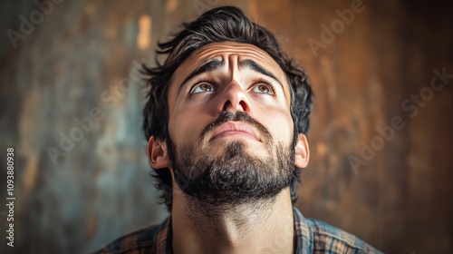 A man with an expression of annoyance, sighing deeply, with his eyes looking towards the ceiling.