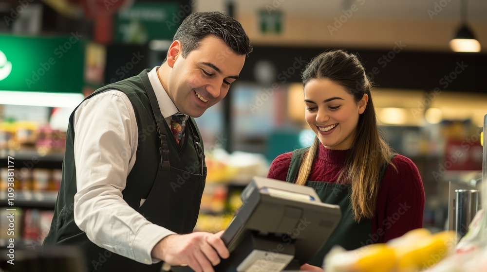A manager in uniform showing a trainee how to use a price scanner, both smiling as they learn together in the busy environment of a supermarket.