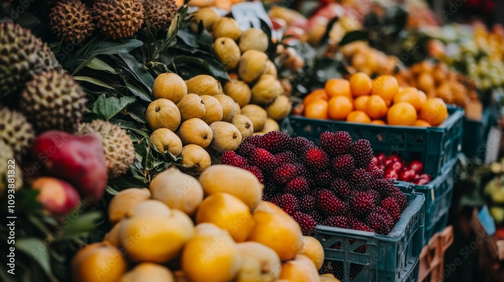 A market stall featuring a variety of unusual fruits like feijoa, goldenberries, and sapodilla, with rich colors and textures. A market stall featuring a variety of unusual fruits like feijoa, goldenberries, and sapodilla, with rich colors and textures.