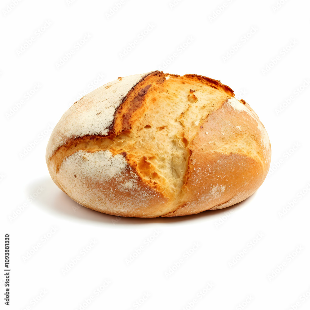 A perfectly round, golden-brown loaf of artisan bread with a rustic texture, placed in the center of a bright, white background. A perfectly round, golden-brown loaf of artisan bread with a rustic texture, placed in the center of a bright, white background.