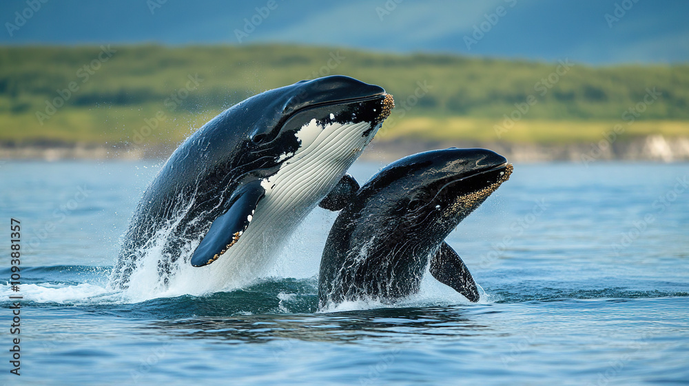 Obraz premium Romantic Scene of Two Whales Kissing in the Ocean, Displaying Love and Harmony in a Serene Marine Environment