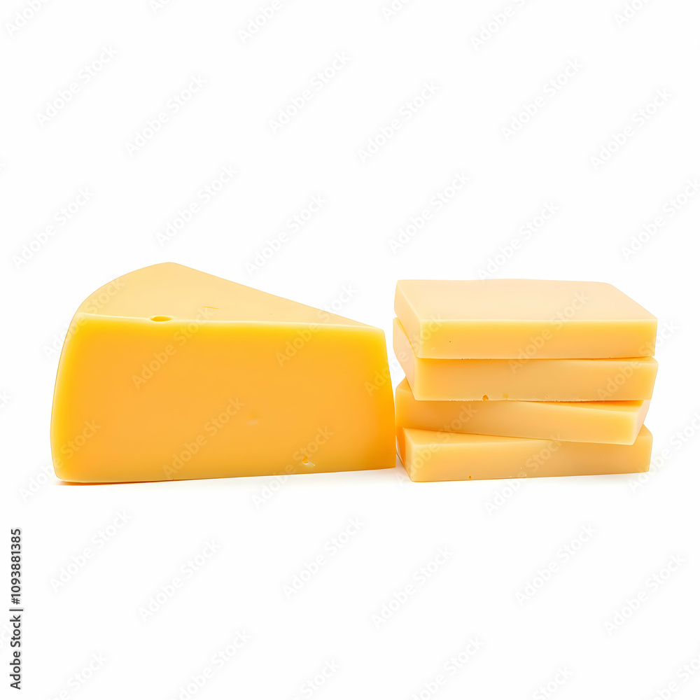 A wedge of sharp cheddar cheese next to neatly stacked slices, presented on a completely white background in a catalog-ready style A wedge of sharp cheddar cheese next to neatly stacked slices, presented on a completely white background in a catalog-ready style