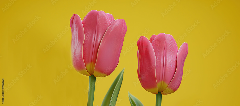 Fototapeta premium pink tulip flower plant stalk on yellow background 17