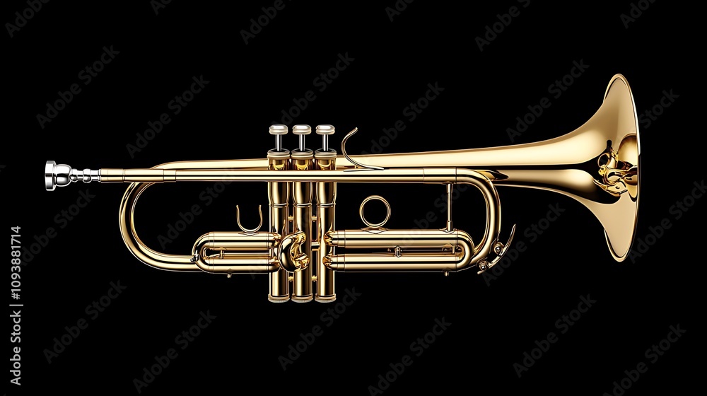 Obraz premium A shiny gold trumpet isolated on a black background.
