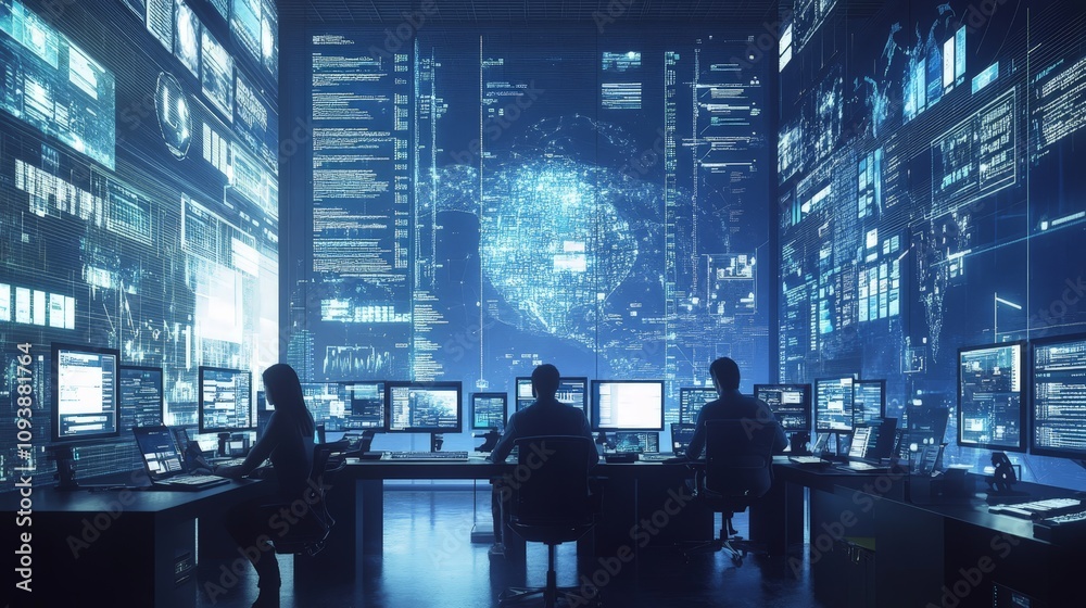 A modern workspace with data engineers developing algorithms and predictive models for big data analysis, surrounded by screens. A modern workspace with data engineers developing algorithms and predictive models for big data analysis, surrounded by screens.