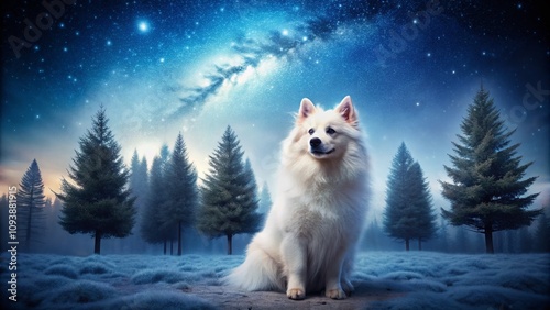 Enchanting Night Photography of an American Eskimo Dog Standing Majestically in Front of Lush Trees Under a Starry Sky, Capturing the Essence of Nature and Canine Beauty photo