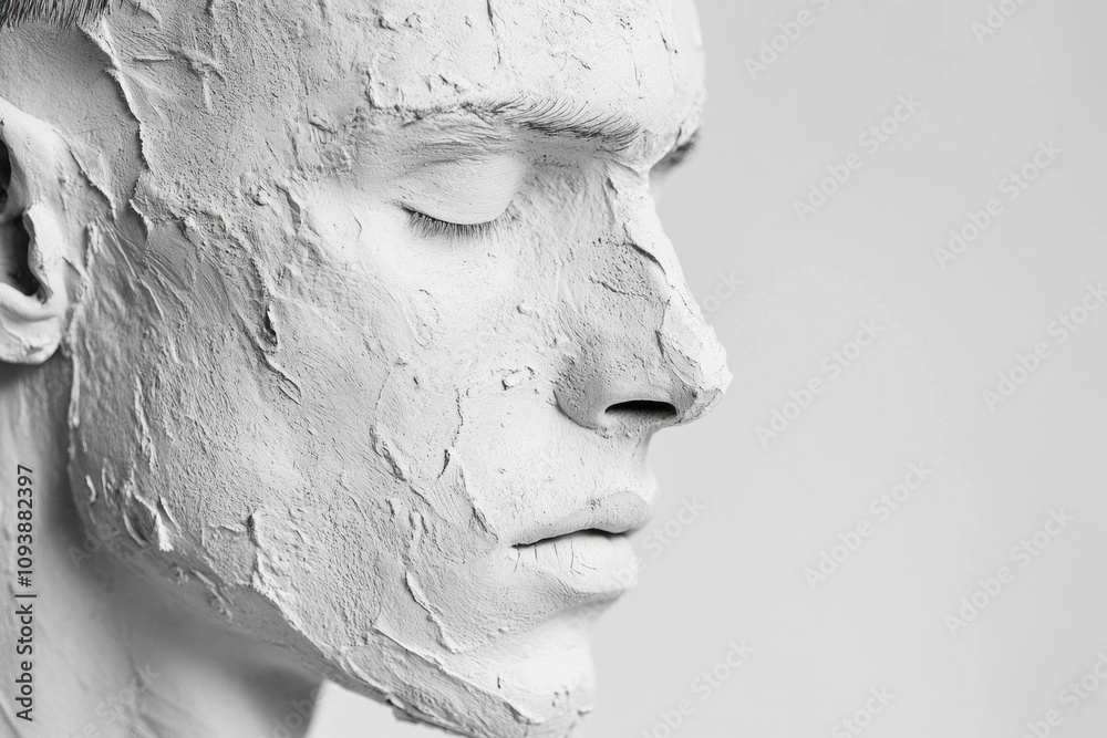 Abstract close-up of a male mannequin's face covered in textured white plaster, eyes closed, conveying a serene and artistic expression. Abstract close-up of a male mannequin's face covered in textured white plaster, eyes closed, conveying a serene and artistic expression.