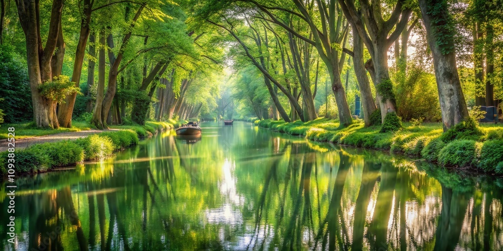 Fototapeta premium Enchanting Portrait Photography in Marais Poitevin: Capturing the Serenity of the Green Venice with Lush Canals, Ancient Trees, and Tranquil Reflections in Nature's Embrace