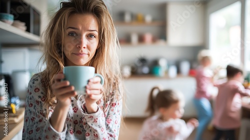 A parent holding a cup of coffee, standing in the kitchen in pajamas, clearly tired, while children run around in the background.