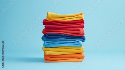 Colorful laundry stack on a light blue background showcasing household chore organization and vibrant fabric choices photo