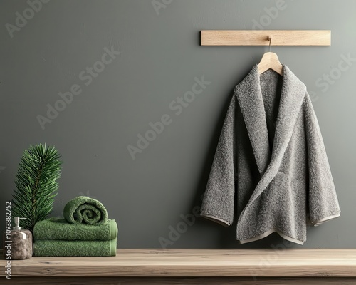 Scandinavian holiday bathroom with clean lines, grayandgreen towels, and a pinescented bathrobe photo