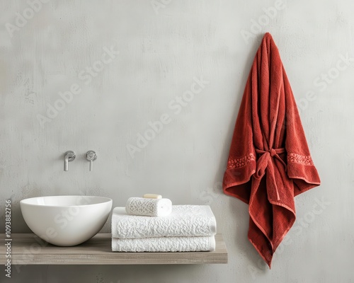 Vintageinspired bathroom with classic redandwhite towels and a lacetrimmed holiday robe photo