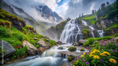 Enchanting Waterfall Amidst Mystical Foggy Mountains: A Serene Landscape Perfect for Nature Lovers and Tranquil Retreats with Vibrant Flora and Majestic Scenery