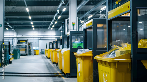 A modern waste management facility with yellow recycling bins for sorting materials.