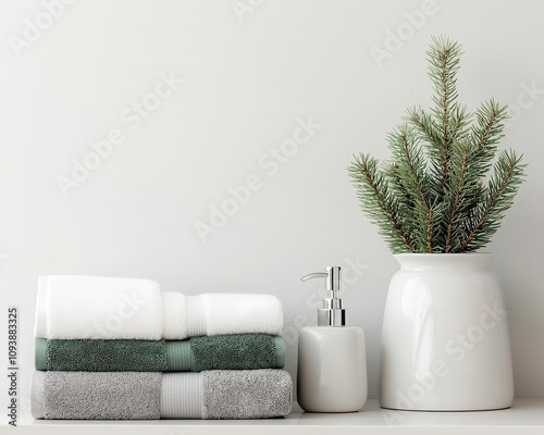 Scandinavian holiday bathroom with clean lines, grayandgreen towels, and a pinescented bathrobe photo