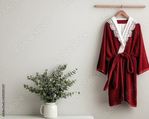 Vintageinspired bathroom with classic redandwhite towels and a lacetrimmed holiday robe photo