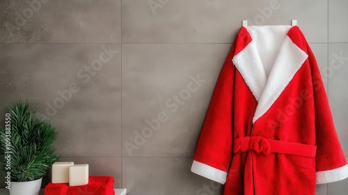 Modern bathroom with a frosted glass shower, red towels folded neatly, and a Santainspired bathrobe photo