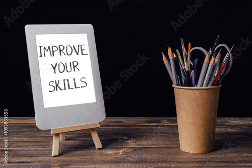 A white tablet with the words improve your skills written on it photo