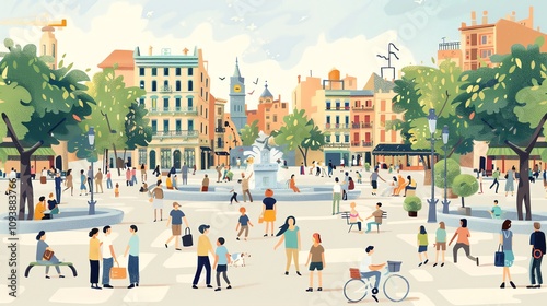 A cartoon illustration of a busy town square with people walking and relaxing around a fountain.