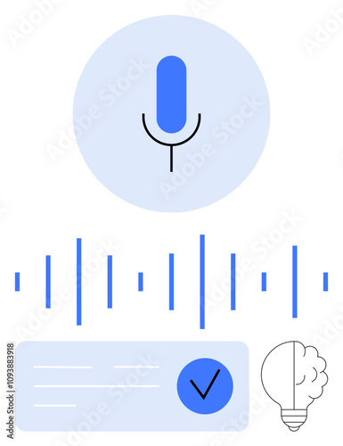 Microphone with sound waves, speech transcription interface, and light bulb symbolizing innovation. Ideal for AI, voice tech, speech recognition, sound analysis, audio recording, creative ideas