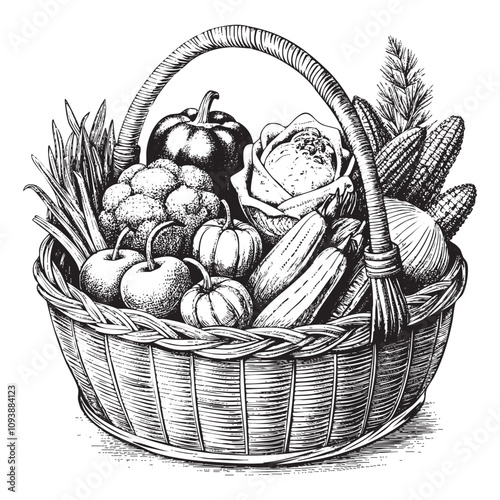 shopping basket with vegetable sketch hand drawn drawing vector illustration