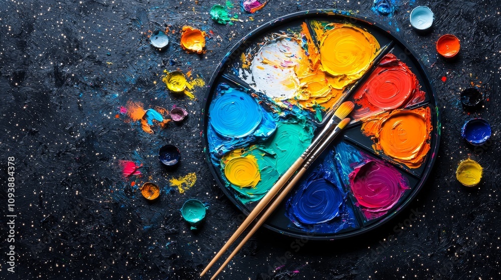 Vivid Swirling Galaxy of Colors in a Painter's Palette Surrounded by Sparkles and Paint Dabs, Capturing Creative Spirit and Artistic Inspiration Vivid Swirling Galaxy of Colors in a Painter's Palette Surrounded by Sparkles and Paint Dabs, Capturing Creative Spirit and Artistic Inspiration