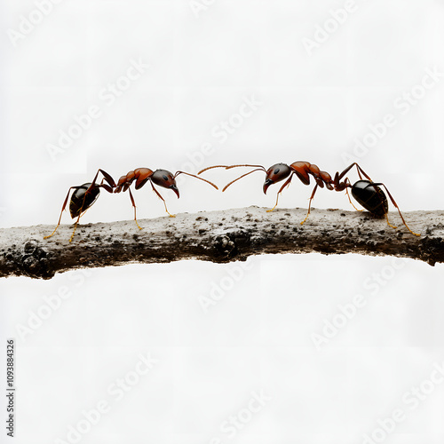 ants walking on tree branches meet each other highlighted by white, detailed, png photo