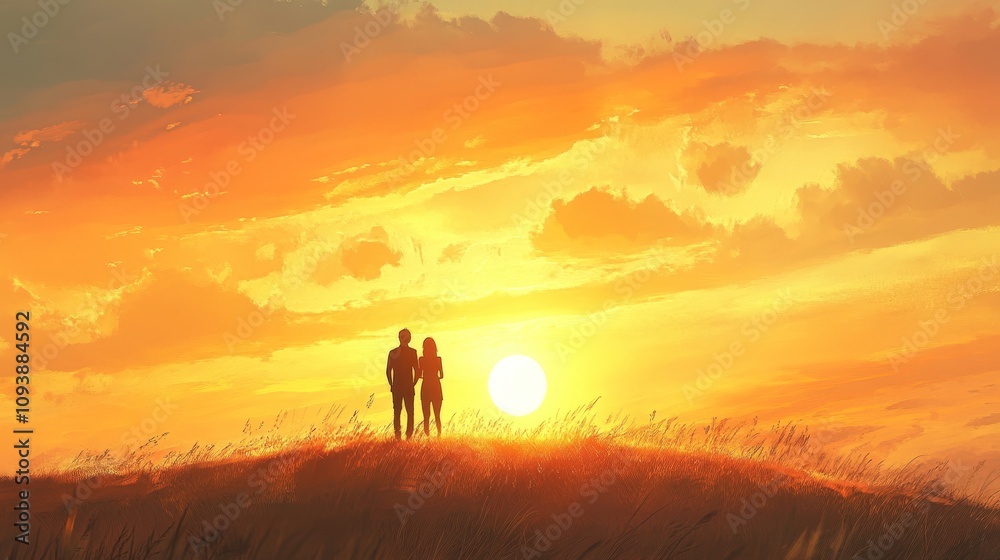 A couple standing on a hilltop, watching the sun dip below the horizon, the sky awash with golden hues. A couple standing on a hilltop, watching the sun dip below the horizon, the sky awash with golden hues.