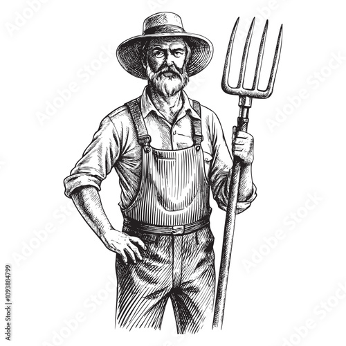 Farmer with pitchfork sketch hand drawn drawing vector illustration