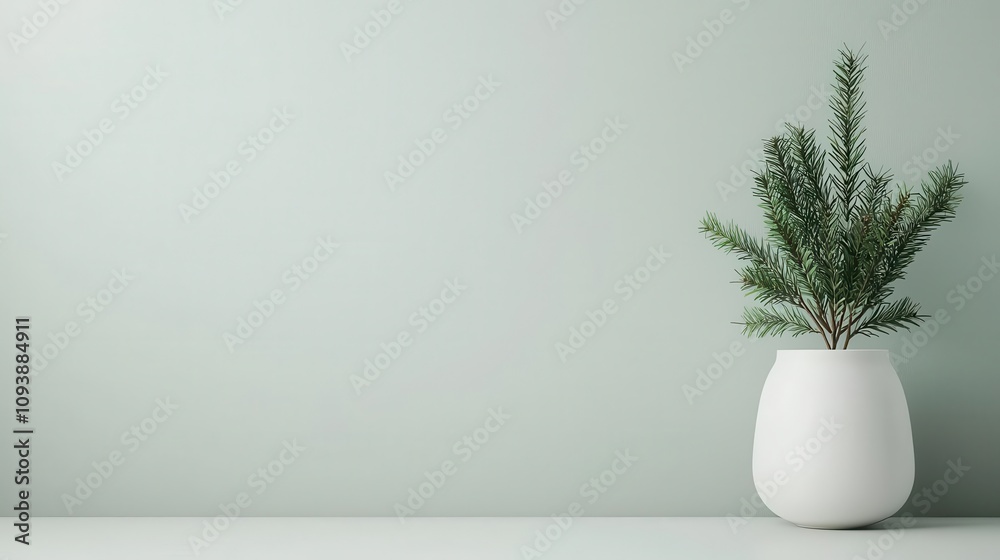 Minimalist bathroom with white decor, subtle holiday lighting, and a small pine tree in a corner vase Minimalist bathroom with white decor, subtle holiday lighting, and a small pine tree in a corner vase