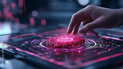 Anti tracking, cookies. A futuristic hand interacts with a glowing, pink holographic interface, radiating intricate patterns in a high-tech environment. photo