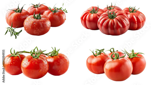 Four Clusters of Fresh, Juicy Tomatoes with Water Droplets on a Black Background