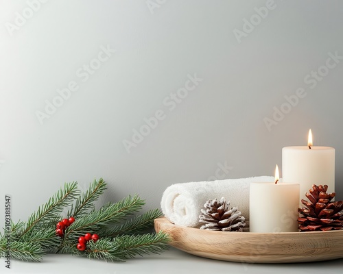 Sleek minimalist bathroom with subtle Christmas decor, such as pinescented candles and red accents photo