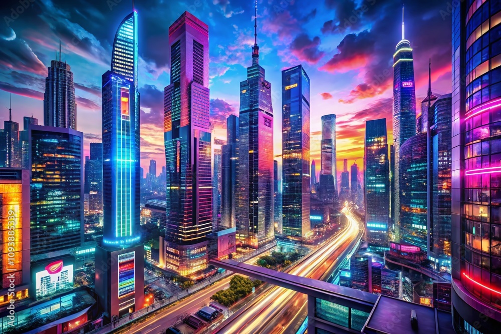 Obraz premium Explore the Surreal Charm of a Futuristic Metropolis with Neon Lights, Skyscrapers, and Urban Landscapes in a Dreamlike Atmosphere Perfect for Urban Exploration Photography