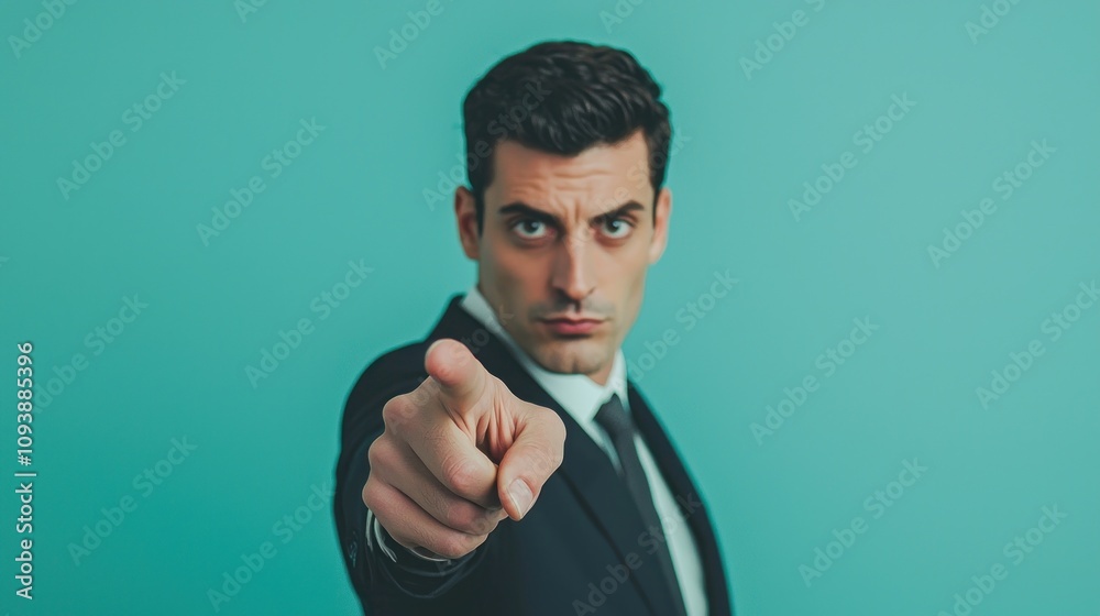A confident man in a suit points directly at the viewer against a teal background, conveying a strong message or challenge.