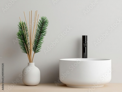 Modern bathroom with chrome fixtures, a pinescented diffuser, and minimalist holiday touches photo