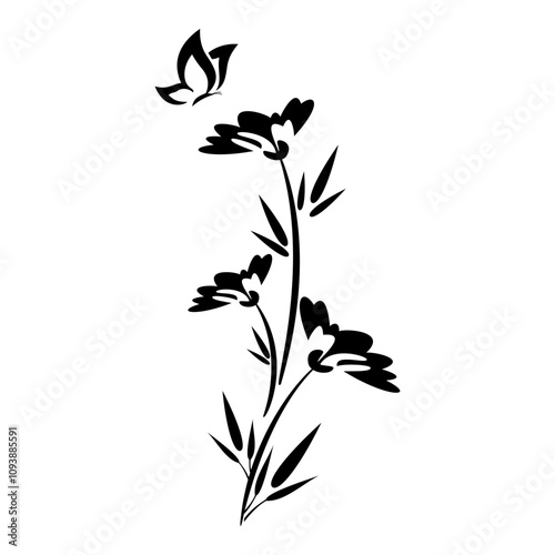 Minimalist Black & White Floral and Butterfly Design Elegant Vector Art