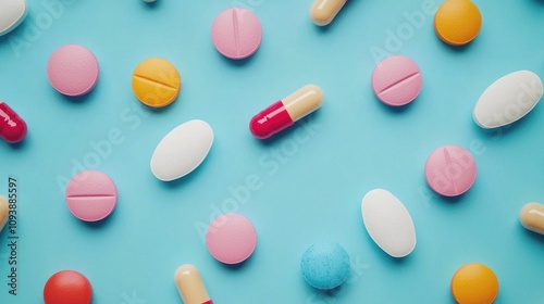 A vibrant array of colorful pills and capsules scattered on a blue background, representing health, wellness, and medication.