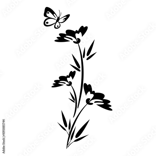 Minimalist Black & White Floral and Butterfly Design Elegant Vector Art